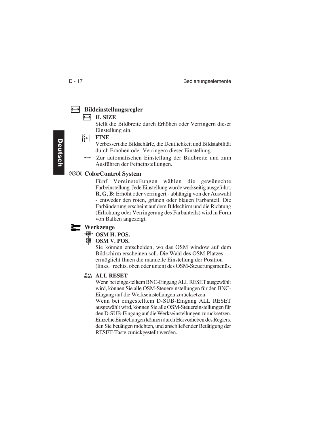 NEC LCD2110 user manual Bildeinstellungsregler, ColorControl System, Werkzeuge 