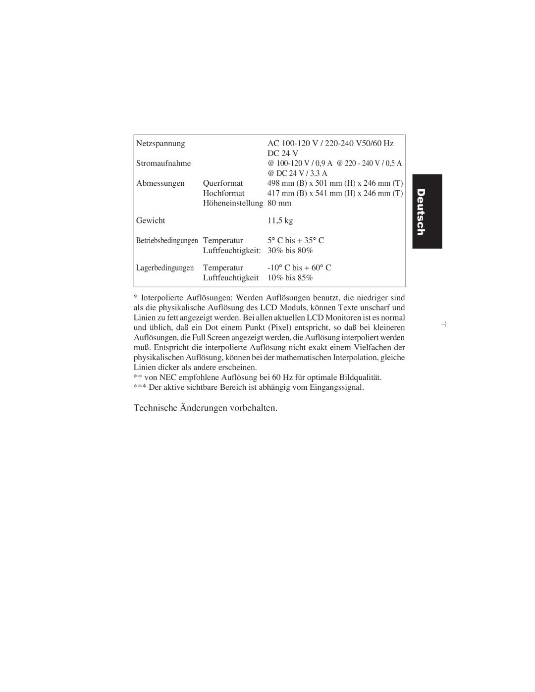 NEC LCD2110 user manual Technische Änderungen vorbehalten 