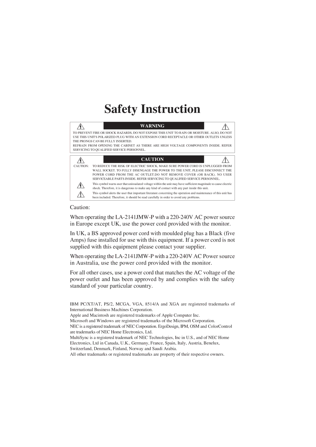 NEC LCD2110 user manual Safety Instruction 