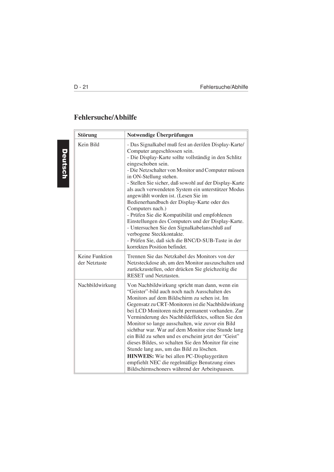 NEC LCD2110 user manual Fehlersuche/Abhilfe, Störung Notwendige Überprüfungen 