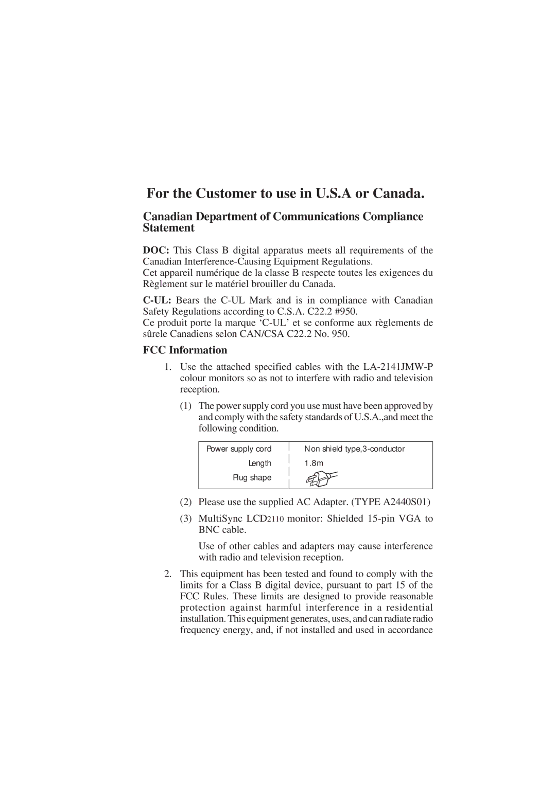 NEC LCD2110 user manual Canadian Department of Communications Compliance Statement, FCC Information 