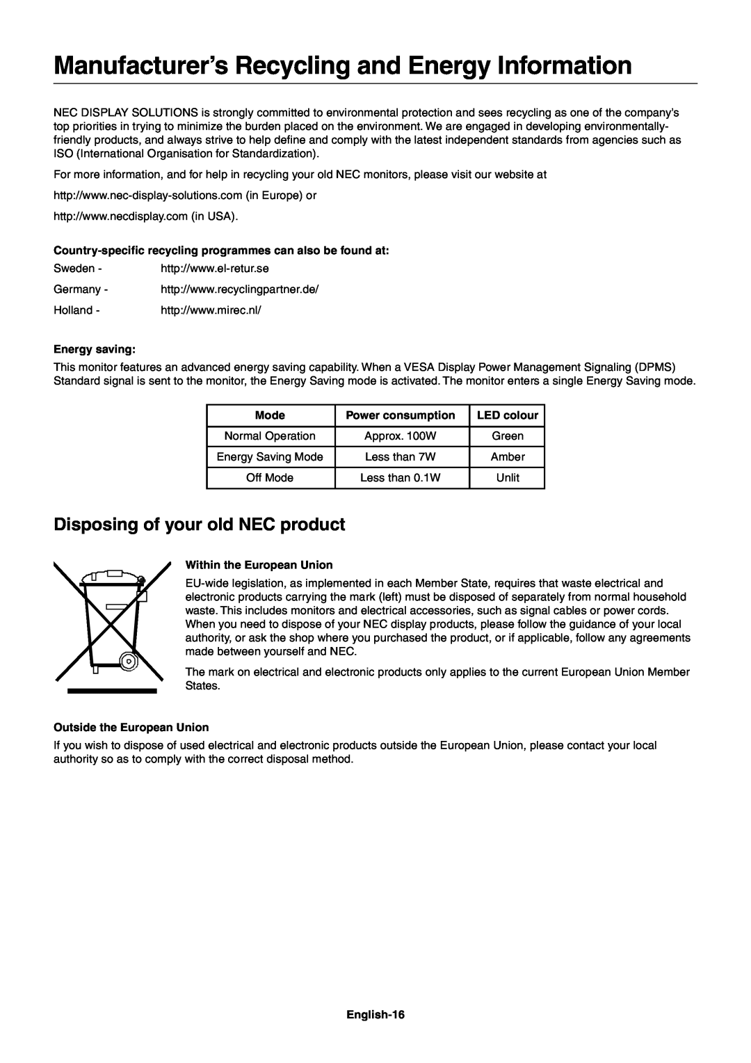 NEC LCD2180 Manufacturer’s Recycling and Energy Information, Disposing of your old NEC product, Energy saving, Mode 