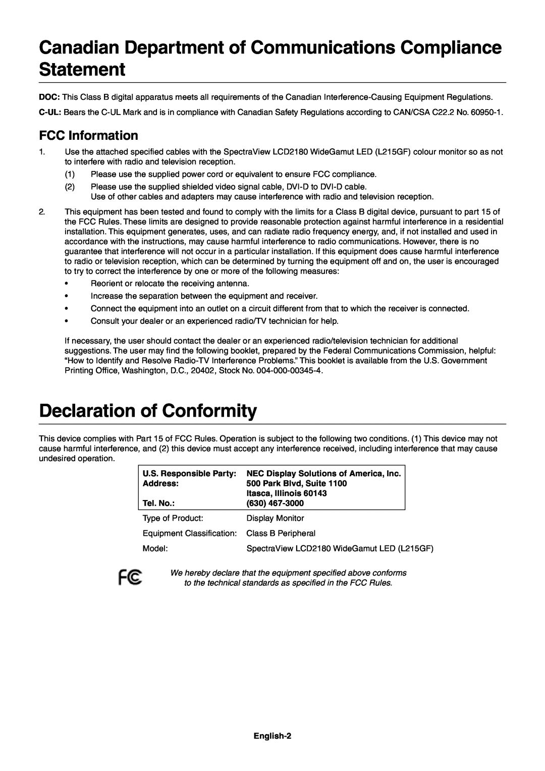NEC LCD2180 Declaration of Conformity, FCC Information, U.S. Responsible Party, NEC Display Solutions of America, Inc 