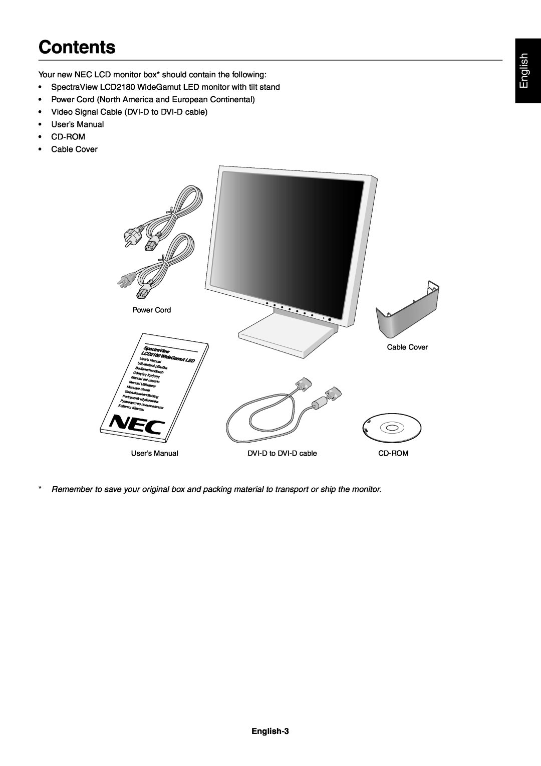 NEC LCD2180 user manual Contents, English-3 