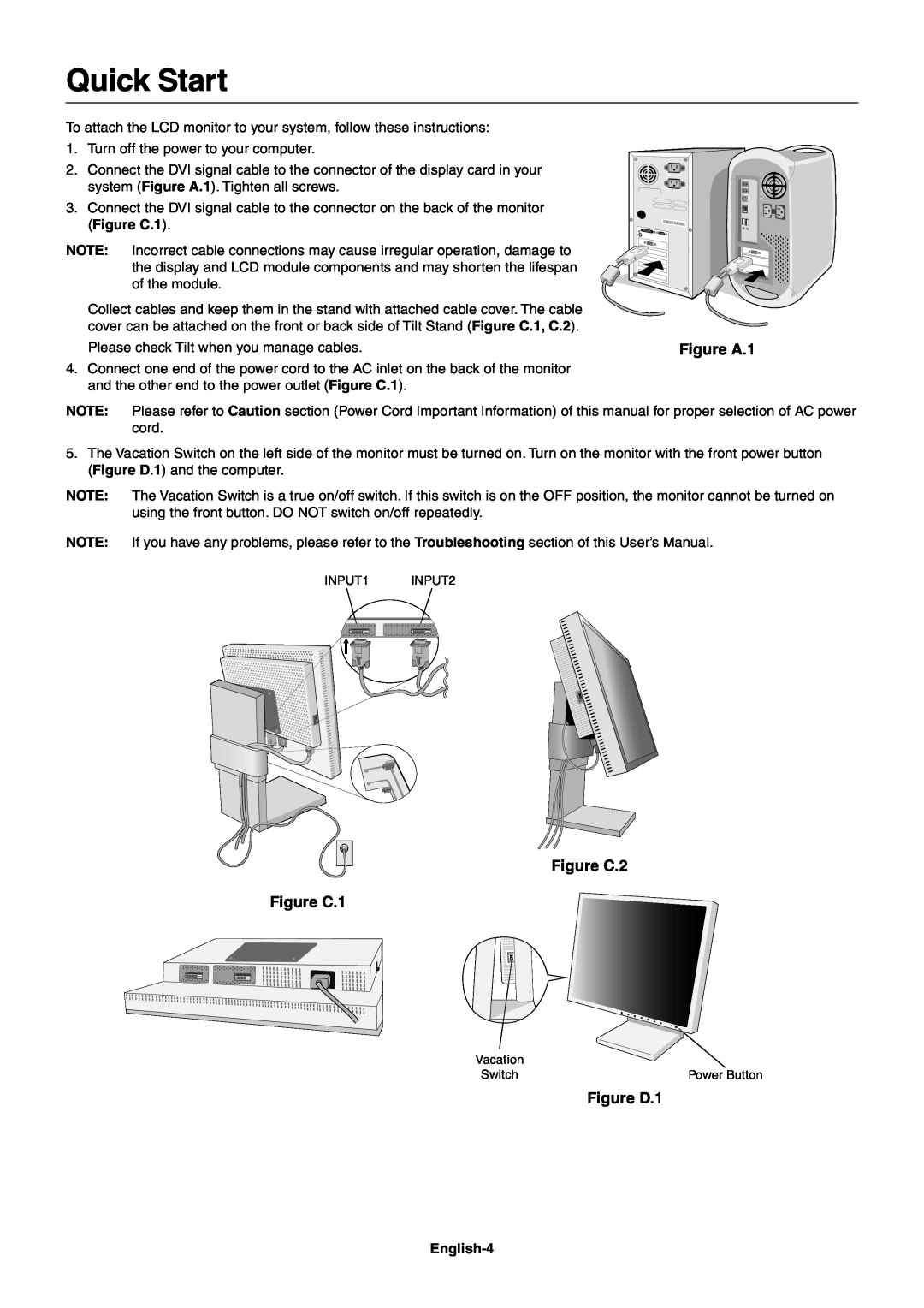 NEC LCD2180 user manual Quick Start, Figure A.1, Figure C.2 Figure C.1, Figure D.1, English-4 