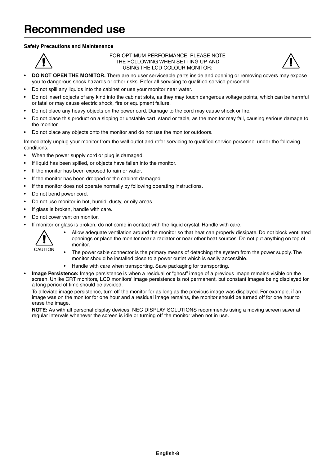 NEC LCD2180 user manual Recommended use, Safety Precautions and Maintenance, English-8 