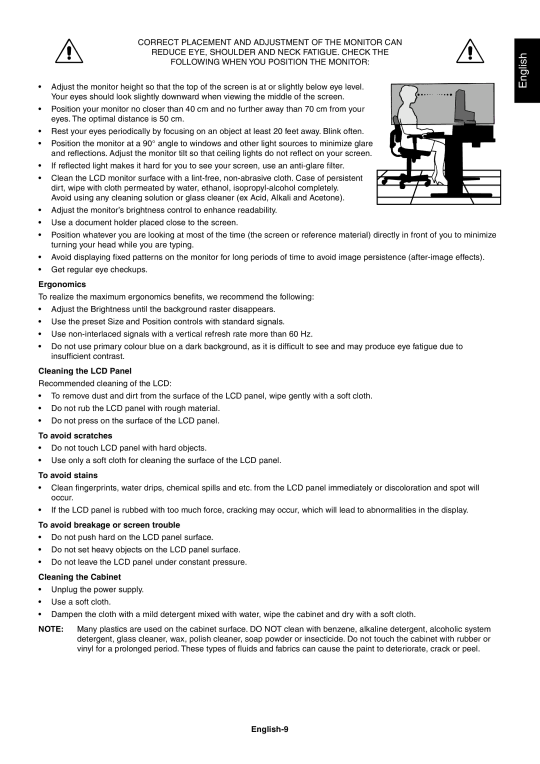 NEC LCD2180 Ergonomics, Cleaning the LCD Panel, To avoid scratches, To avoid stains, To avoid breakage or screen trouble 