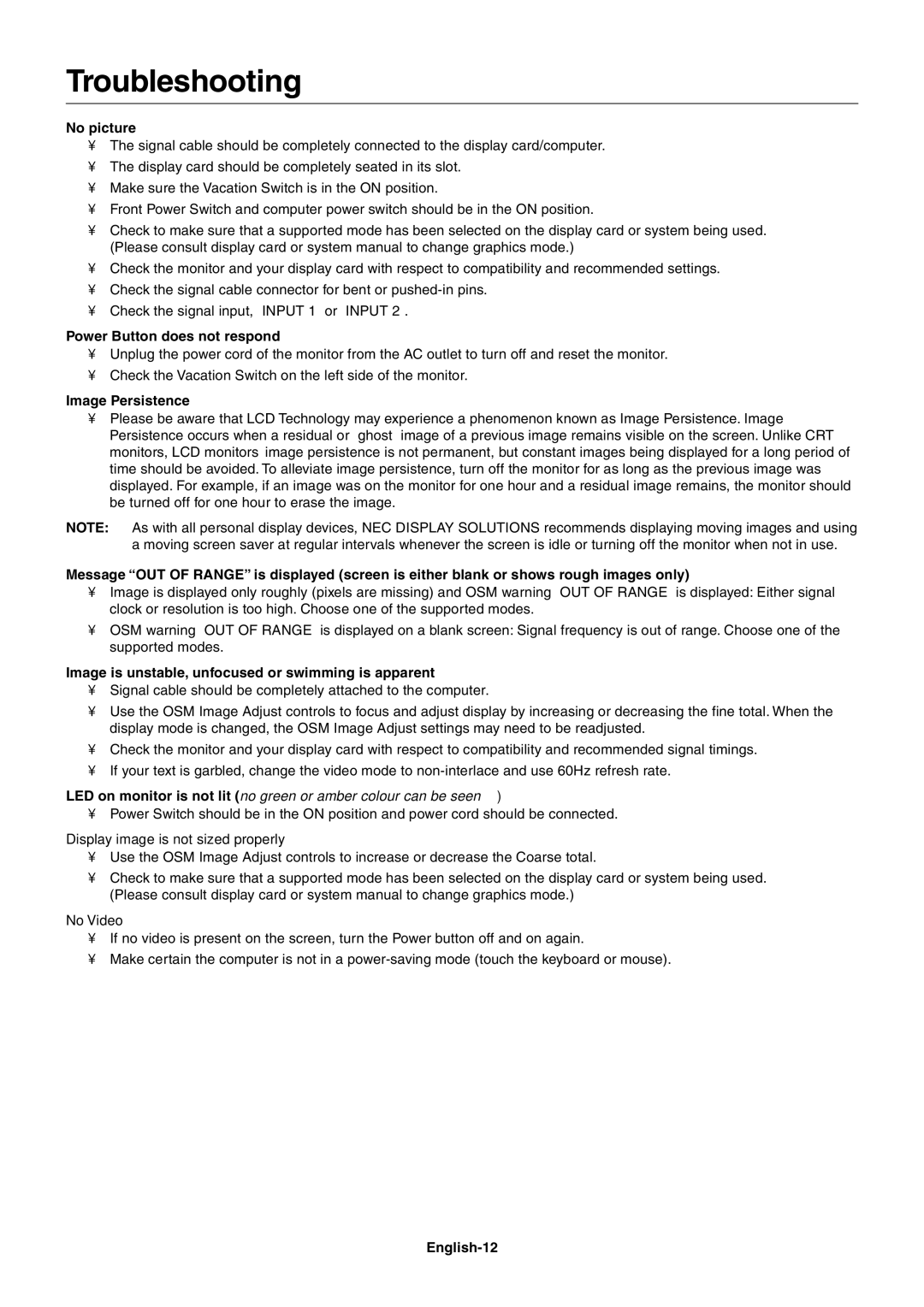 NEC LCD2180 user manual Troubleshooting 