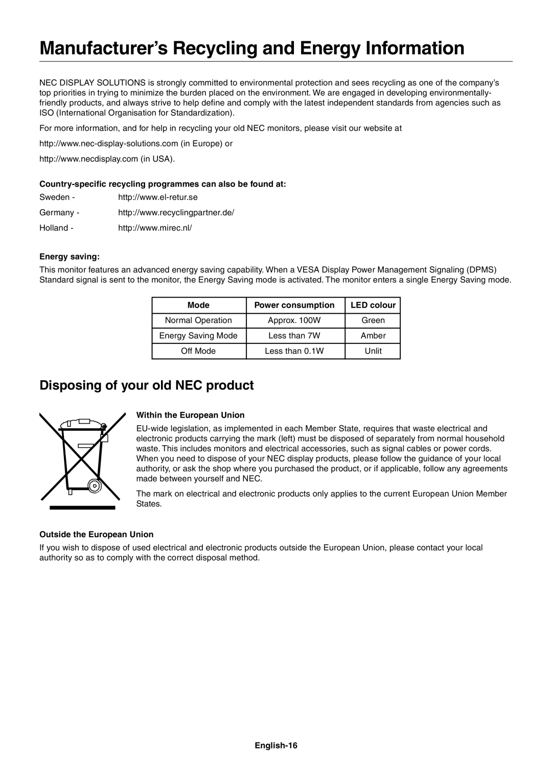 NEC LCD2180 user manual Manufacturer’s Recycling and Energy Information, Disposing of your old NEC product 