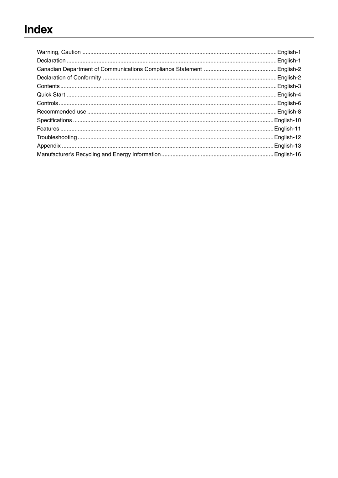 NEC LCD2180 user manual Index, English-16 