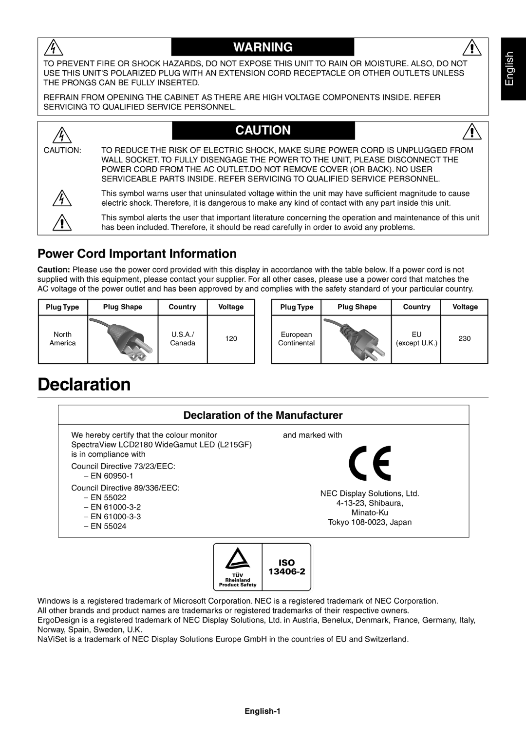 NEC LCD2180 user manual Declaration, Power Cord Important Information, English-1 