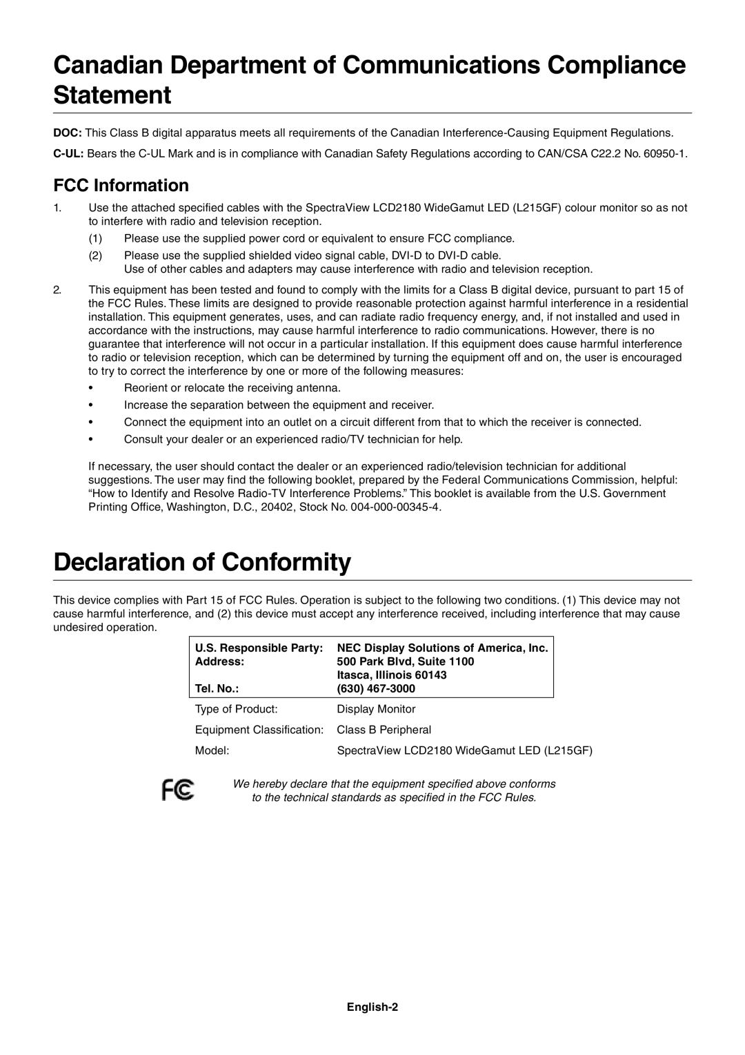 NEC LCD2180 Canadian Department of Communications Compliance Statement, Declaration of Conformity, FCC Information 