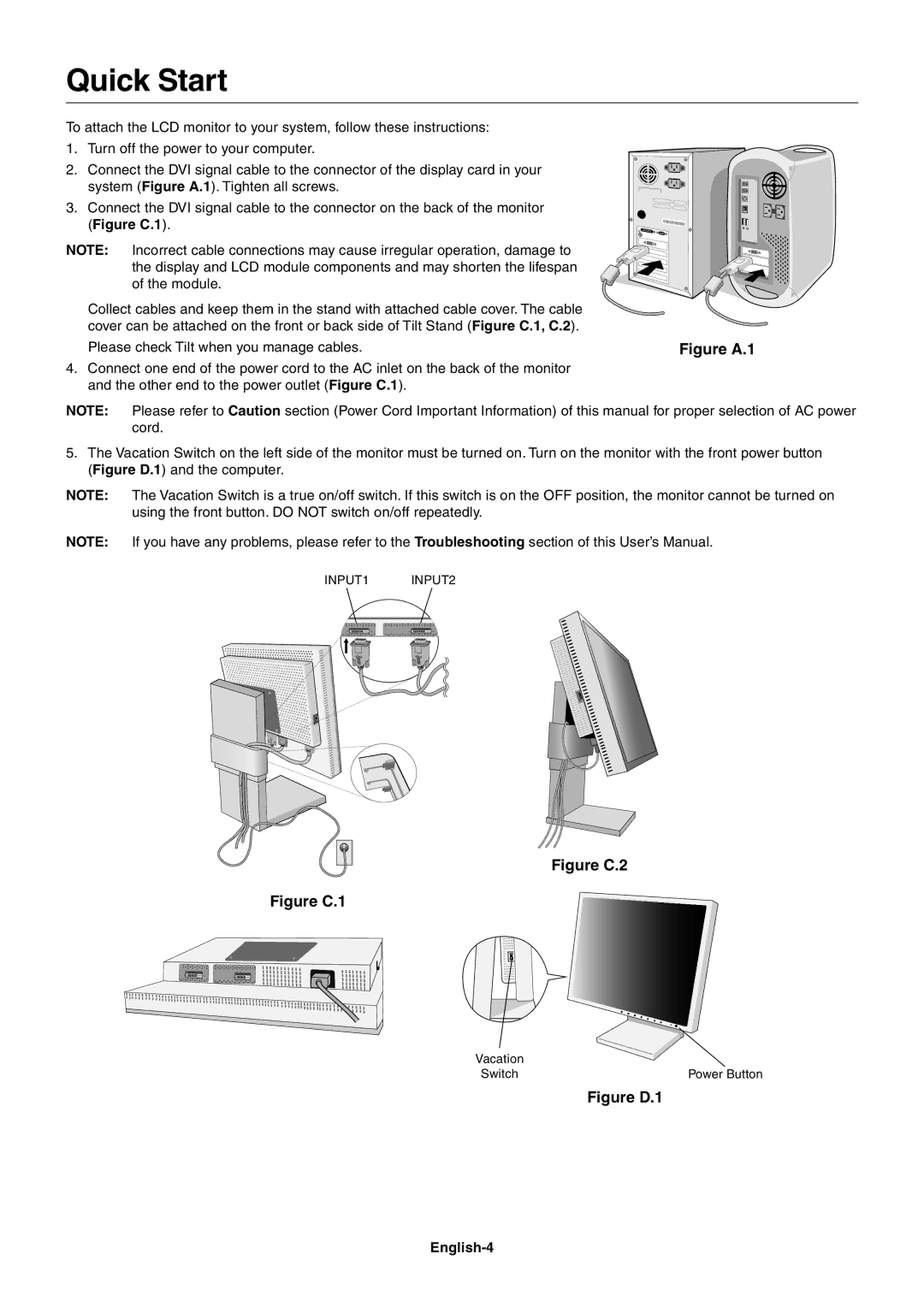 NEC LCD2180 user manual Quick Start, English-4 