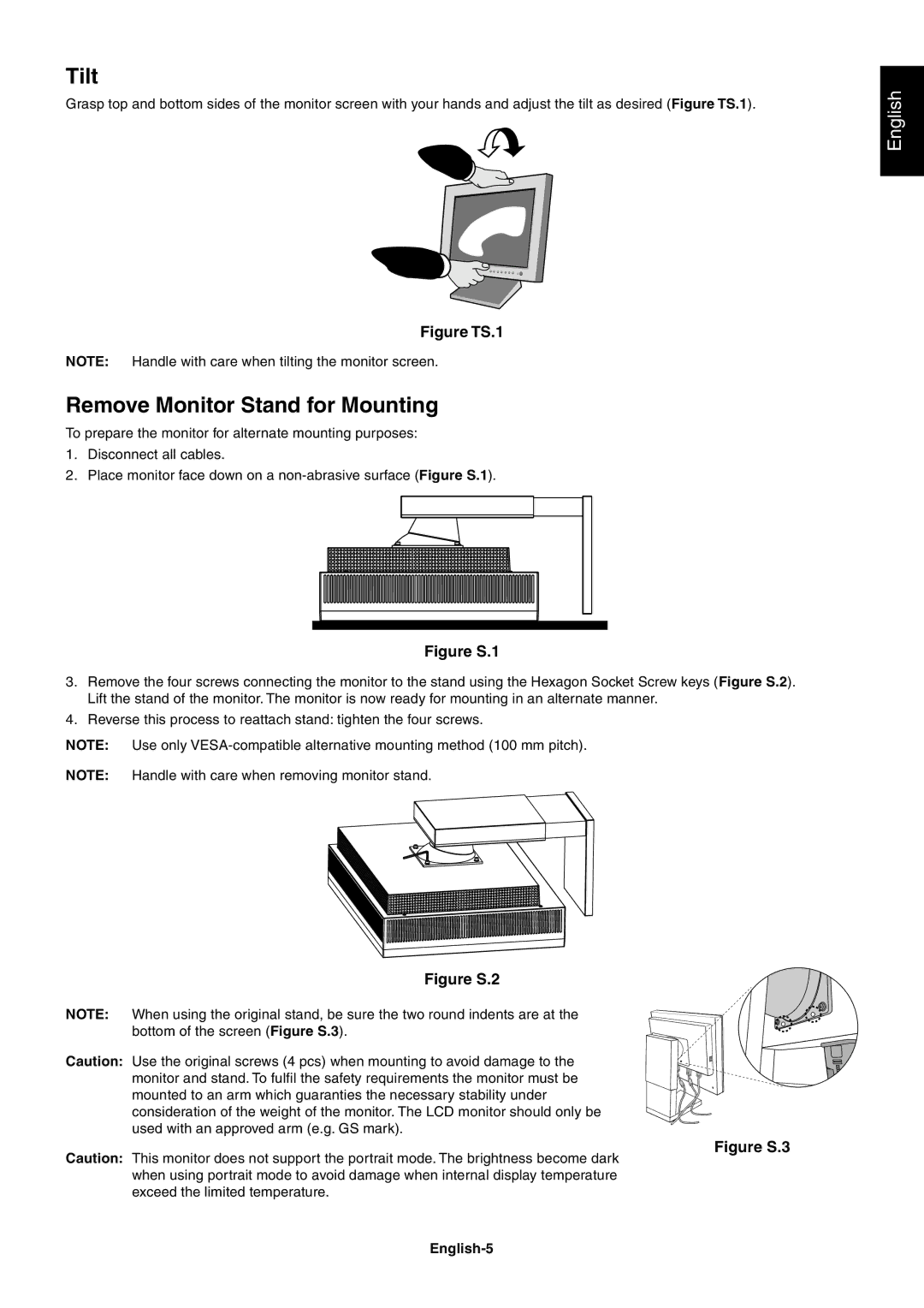 NEC LCD2180 user manual Tilt, Remove Monitor Stand for Mounting, English-5 