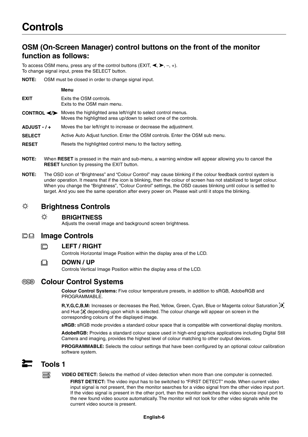 NEC LCD2180 user manual Brightness Controls, Image Controls, Colour Control Systems, Tools 