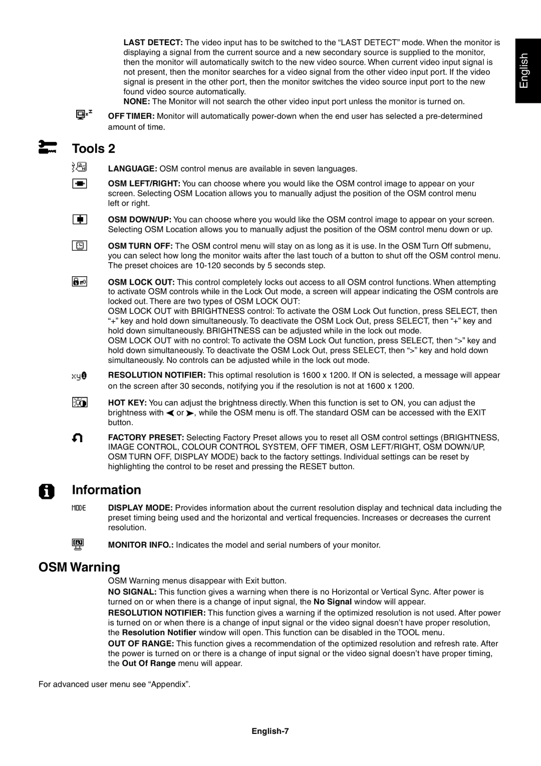 NEC LCD2180 user manual Information, OSM Warning, English-7 