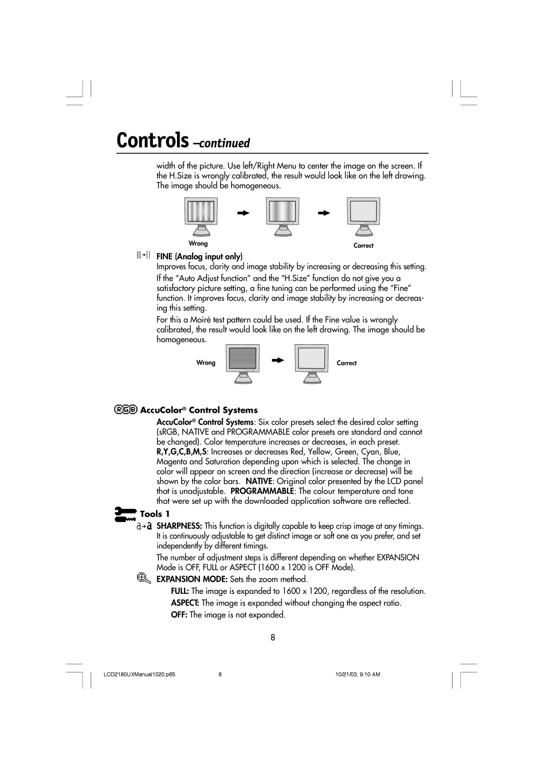 NEC LCD2180UX manual Controls 