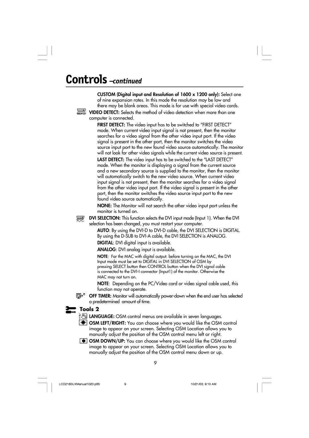 NEC LCD2180UX manual Tools, Language OSM control menus are available in seven languages 