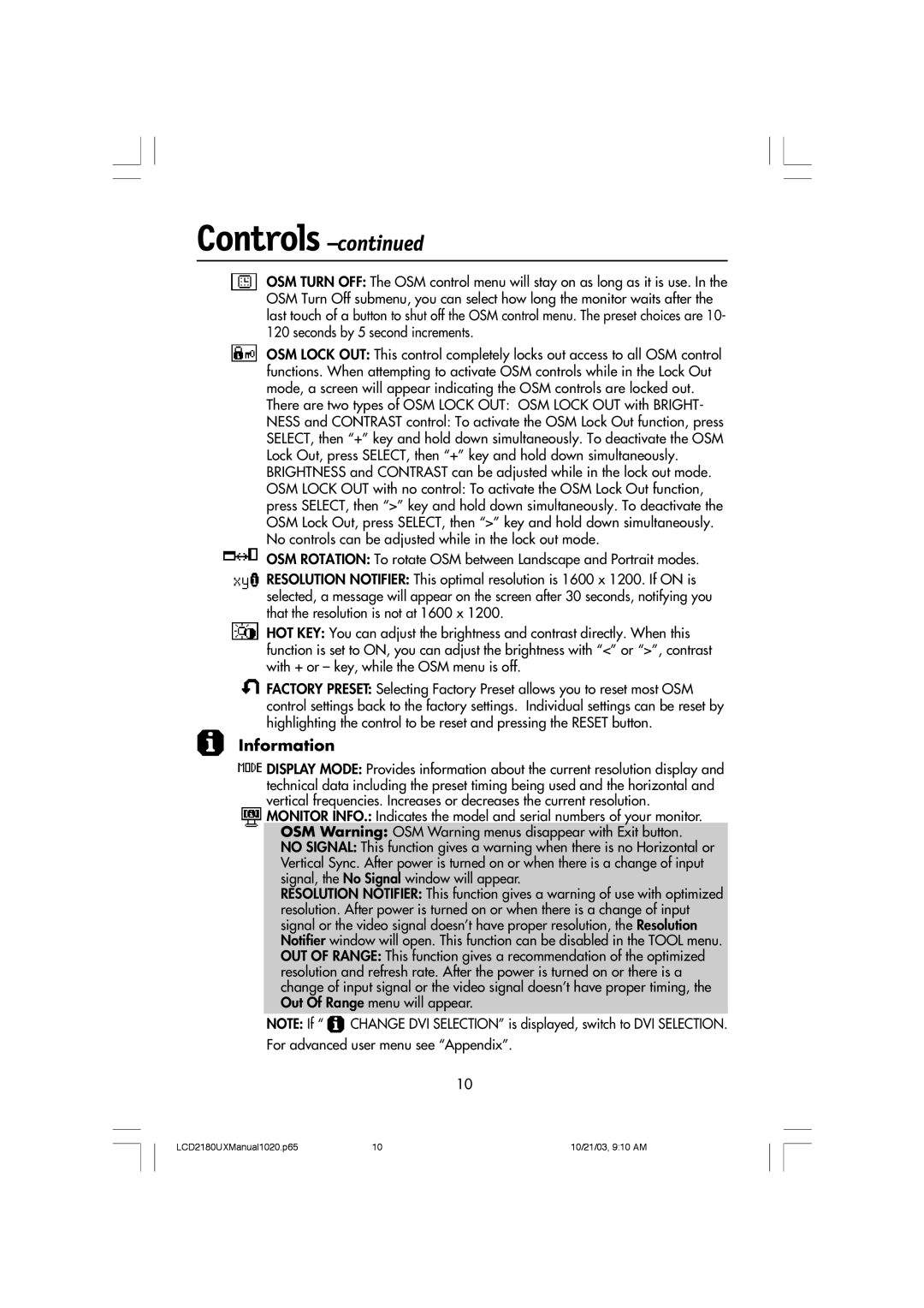 NEC LCD2180UX manual Information 