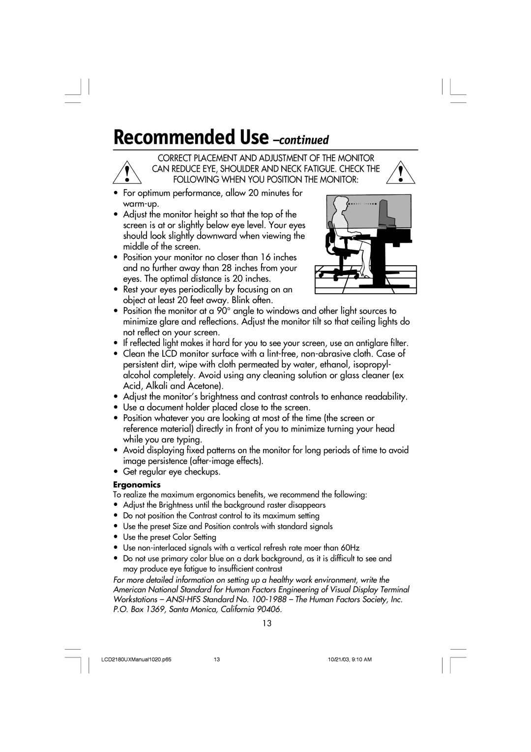 NEC LCD2180UX manual Ergonomics 