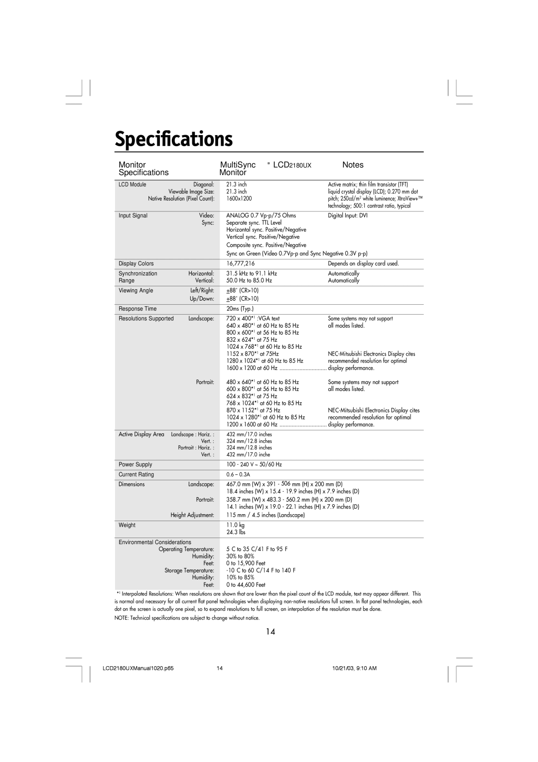 NEC manual Monitor MultiSync LCD2180UX Specifications 