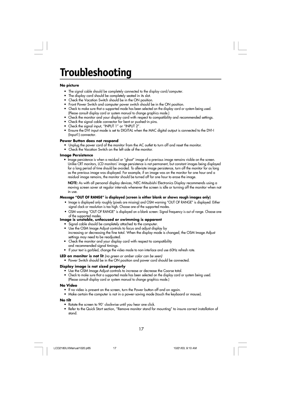 NEC LCD2180UX manual Troubleshooting, No picture 