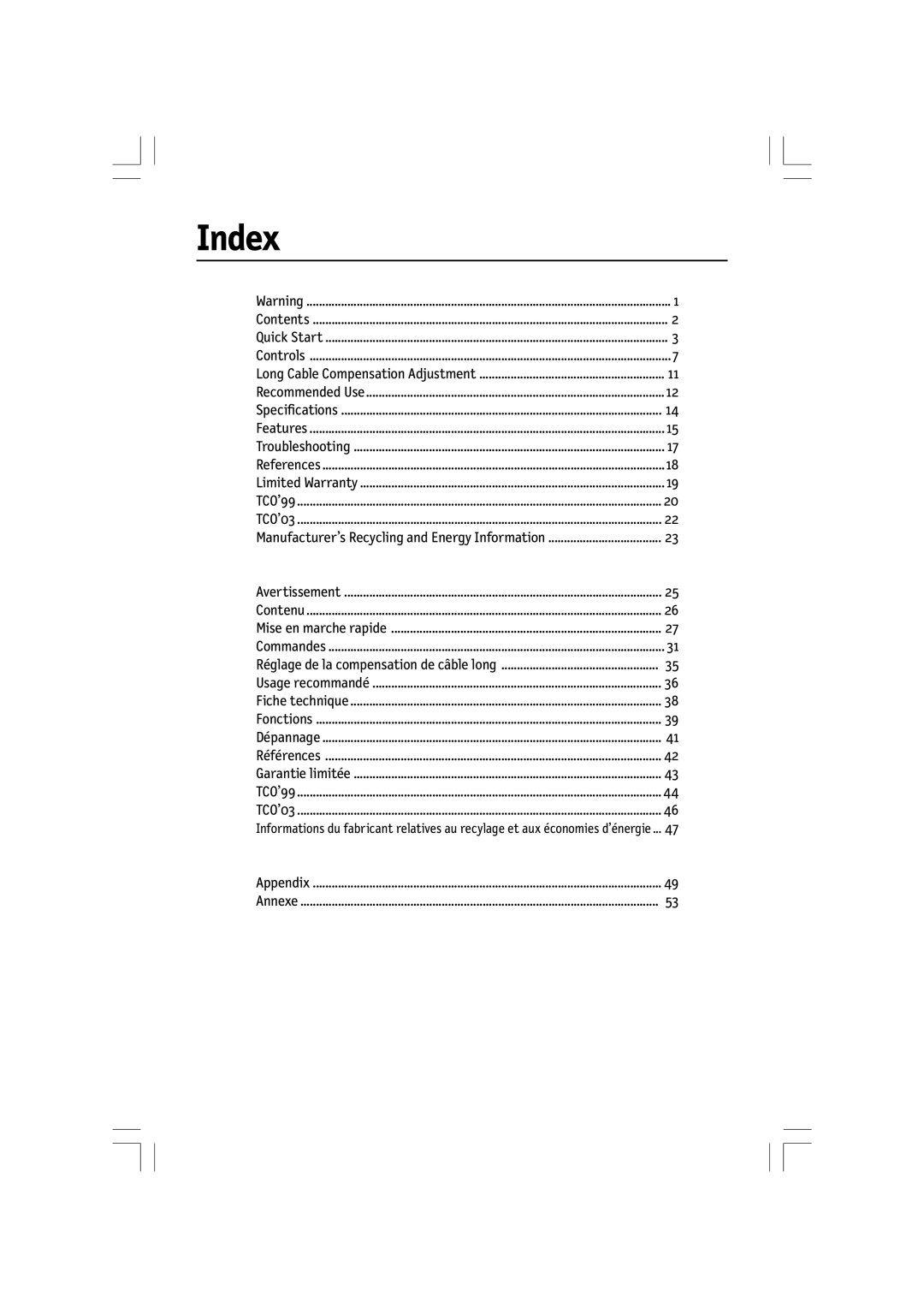 NEC LCD2180UX manual Index, Long Cable Compensation Adjustment 