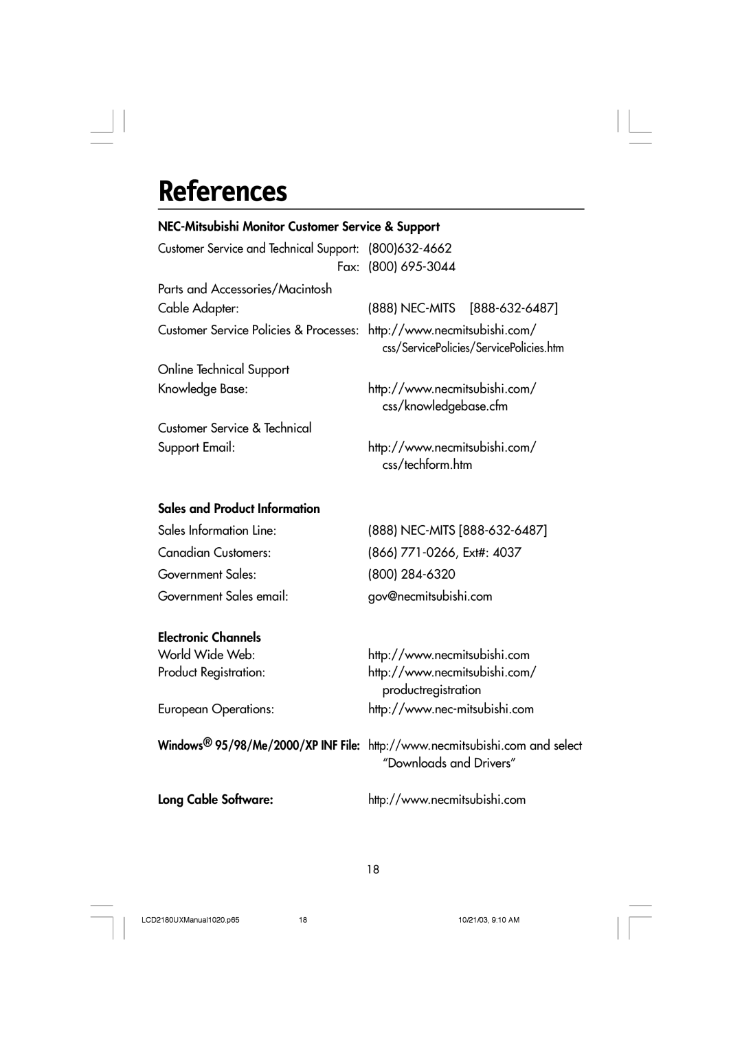 NEC LCD2180UX manual References 