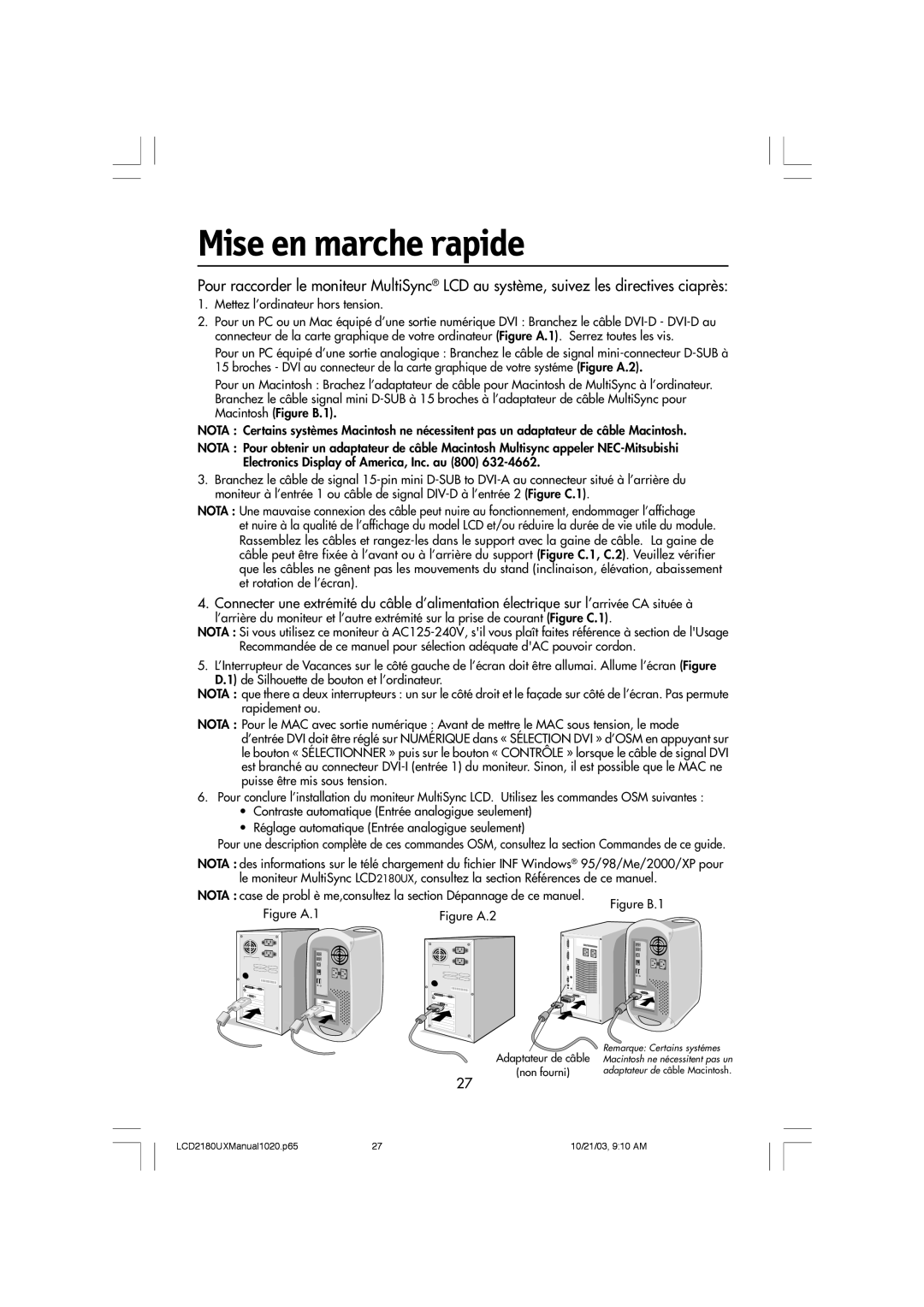 NEC LCD2180UX manual Mise en marche rapide, Mettez lÕordinateur hors tension 