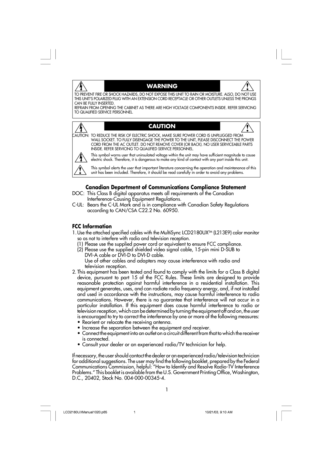 NEC LCD2180UX manual Canadian Department of Communications Compliance Statement, FCC Information 