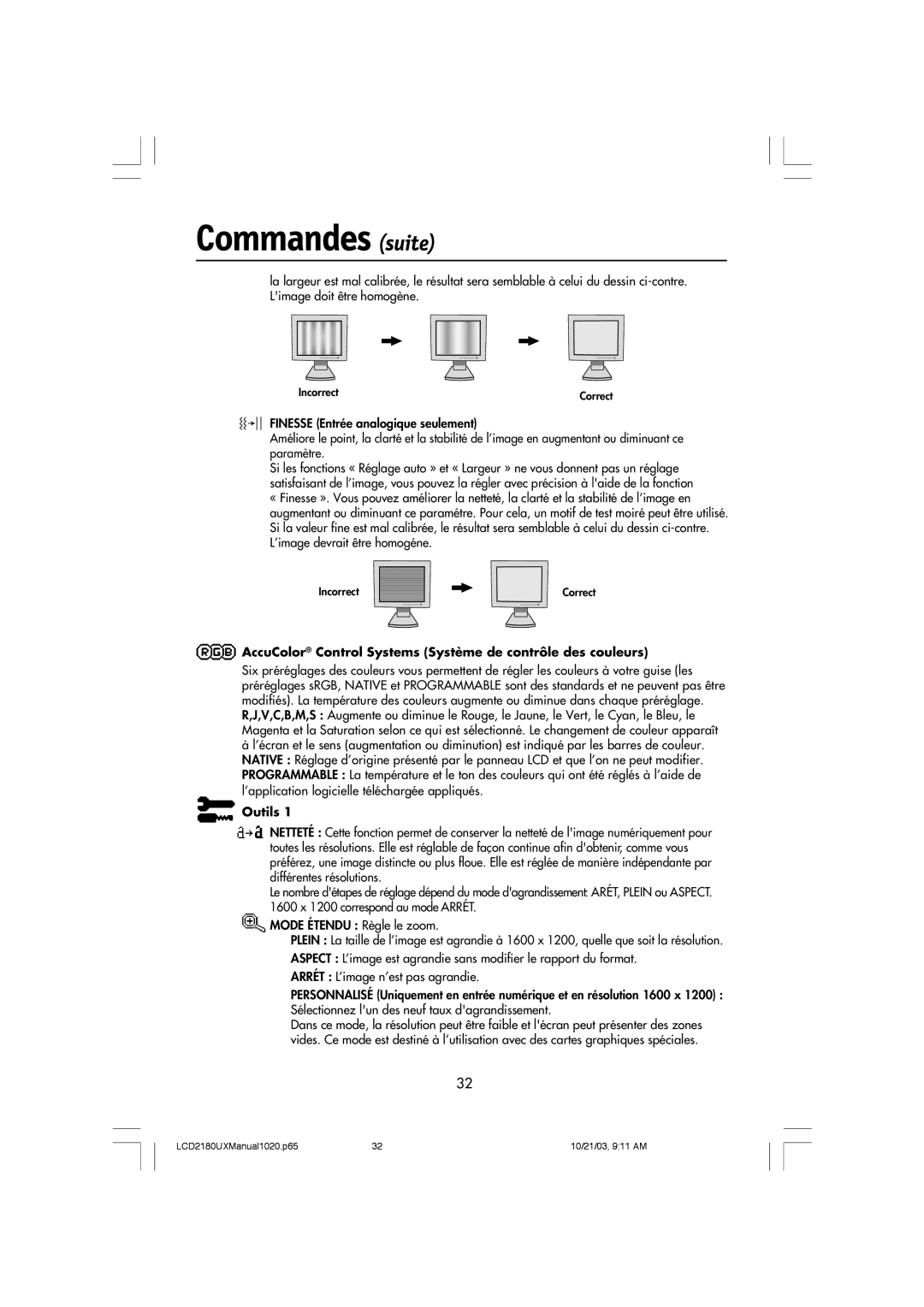 NEC LCD2180UX manual Commandes suite, AccuColor Control Systems Système de contrôle des couleurs 