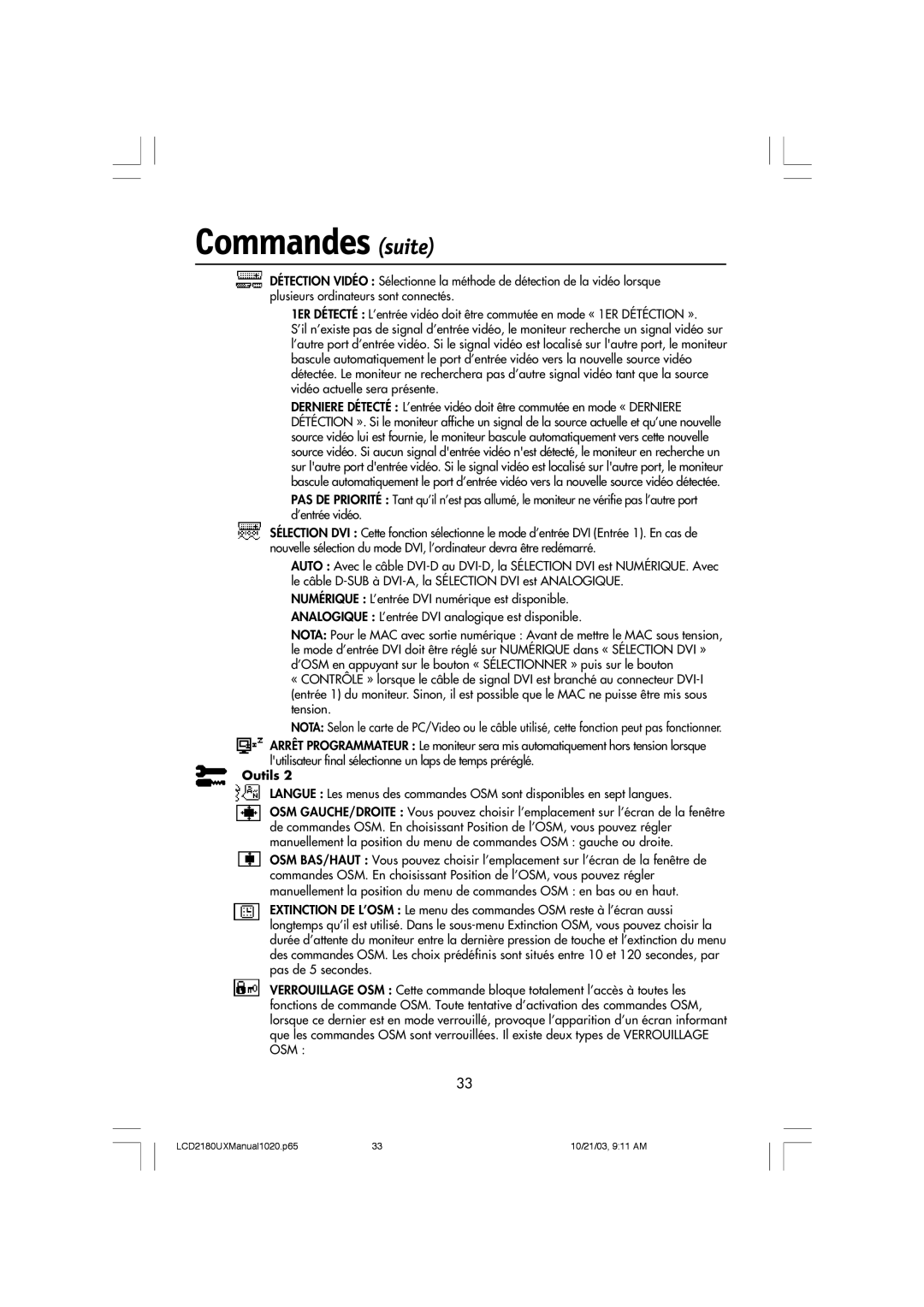 NEC LCD2180UX manual Commandes suite 