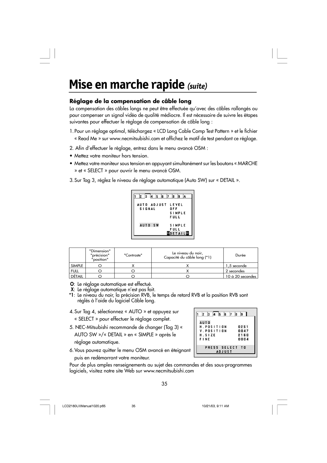 NEC LCD2180UX manual Mise en marche rapide suite, Réglage de la compensation de câble long 