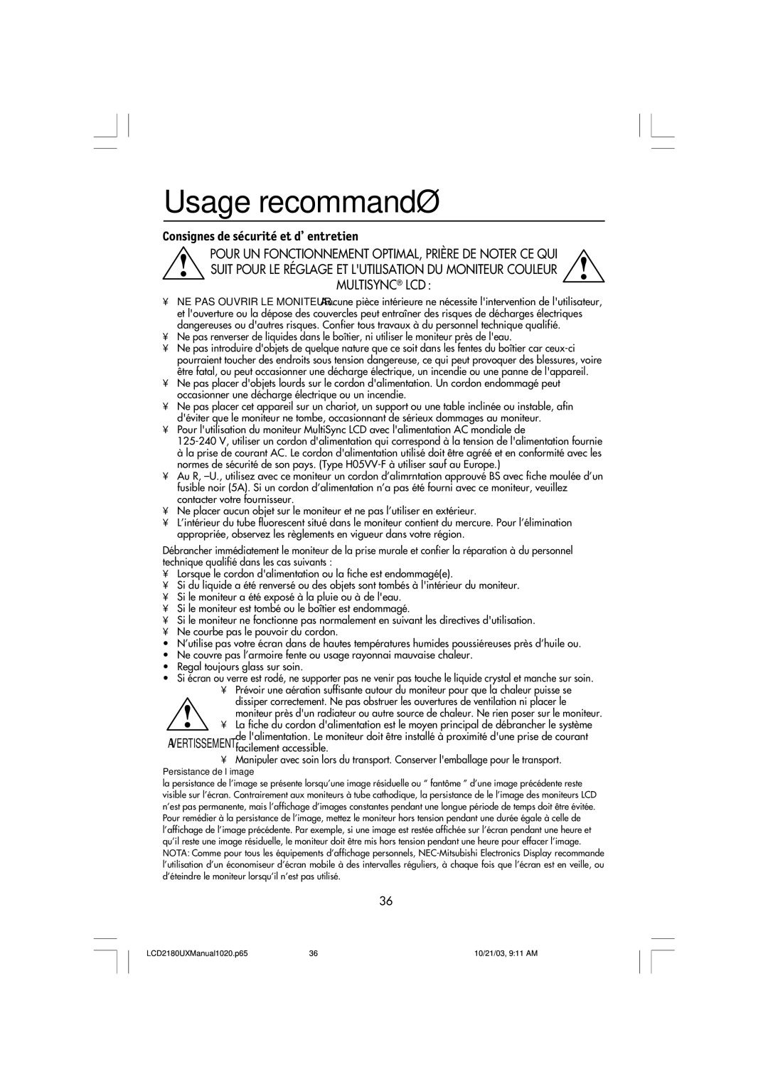 NEC LCD2180UX manual Usage recommandé, Consignes de sécurité et d’entretien 