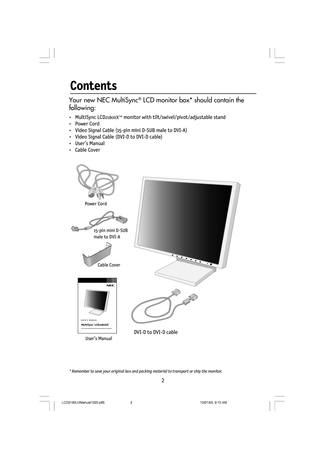 NEC LCD2180UX manual Contents 