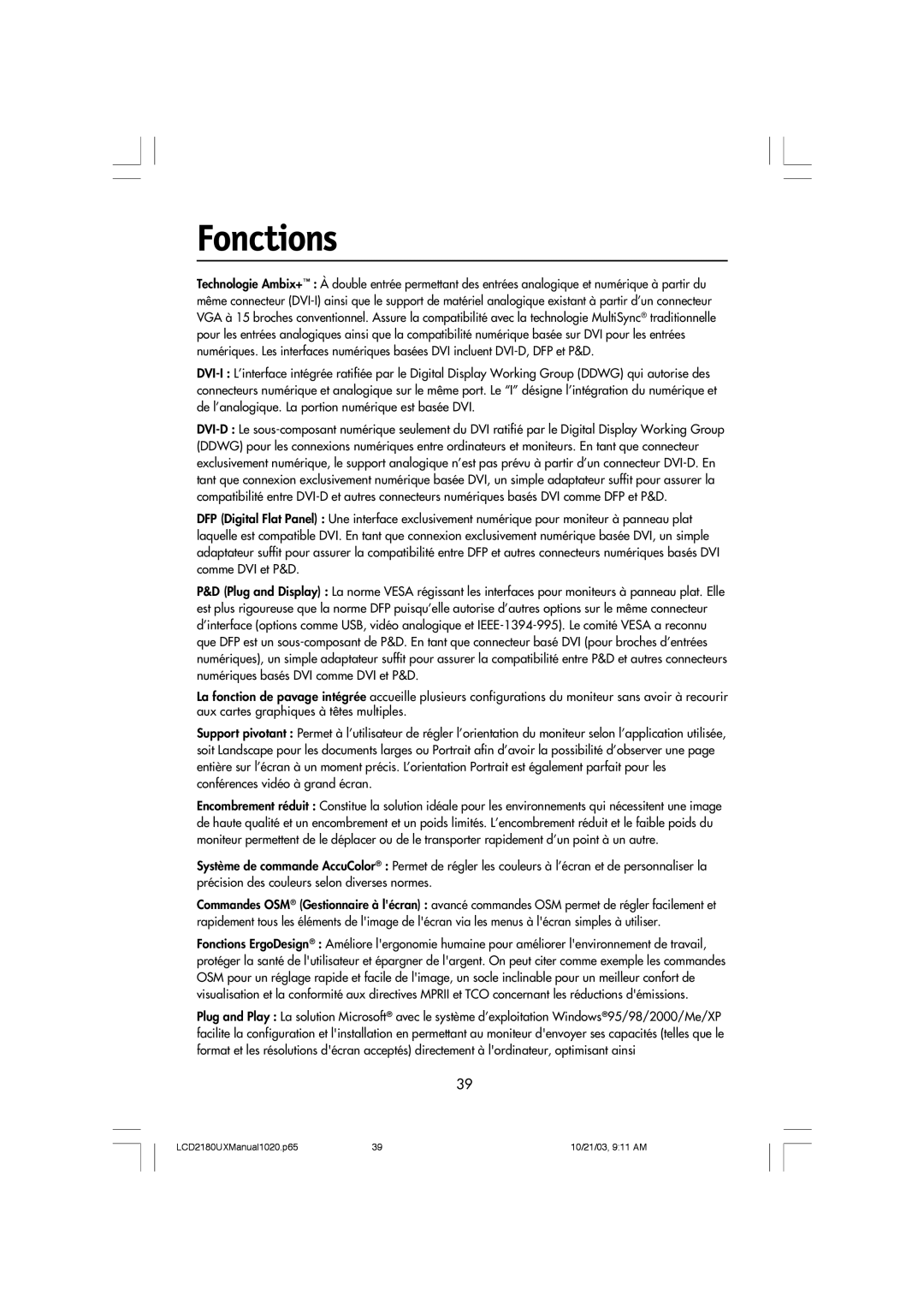 NEC LCD2180UX manual Fonctions 