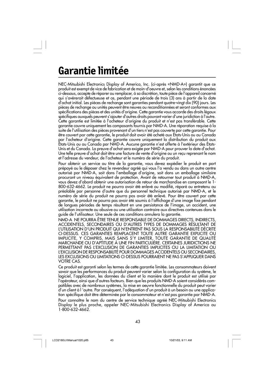 NEC LCD2180UX manual Garantie limitée 