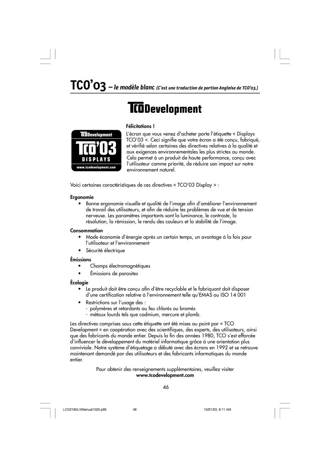 NEC LCD2180UX manual FŽlicitations 