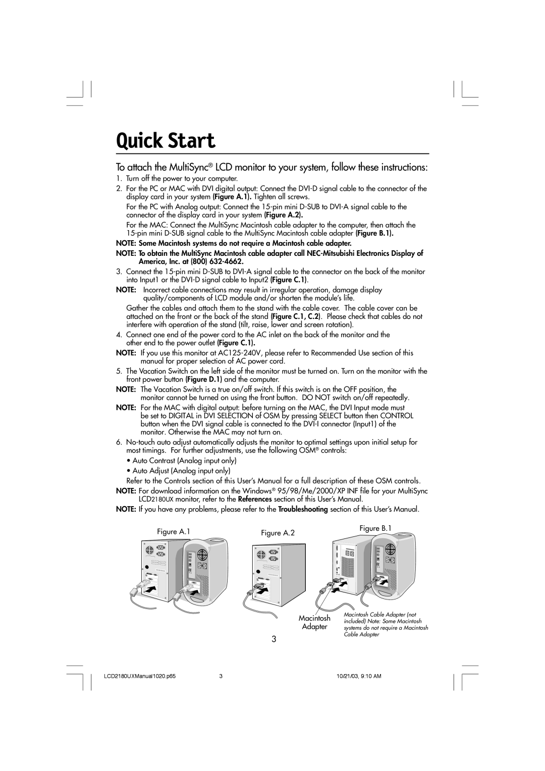 NEC LCD2180UX manual Quick Start, Macintosh Adapter 