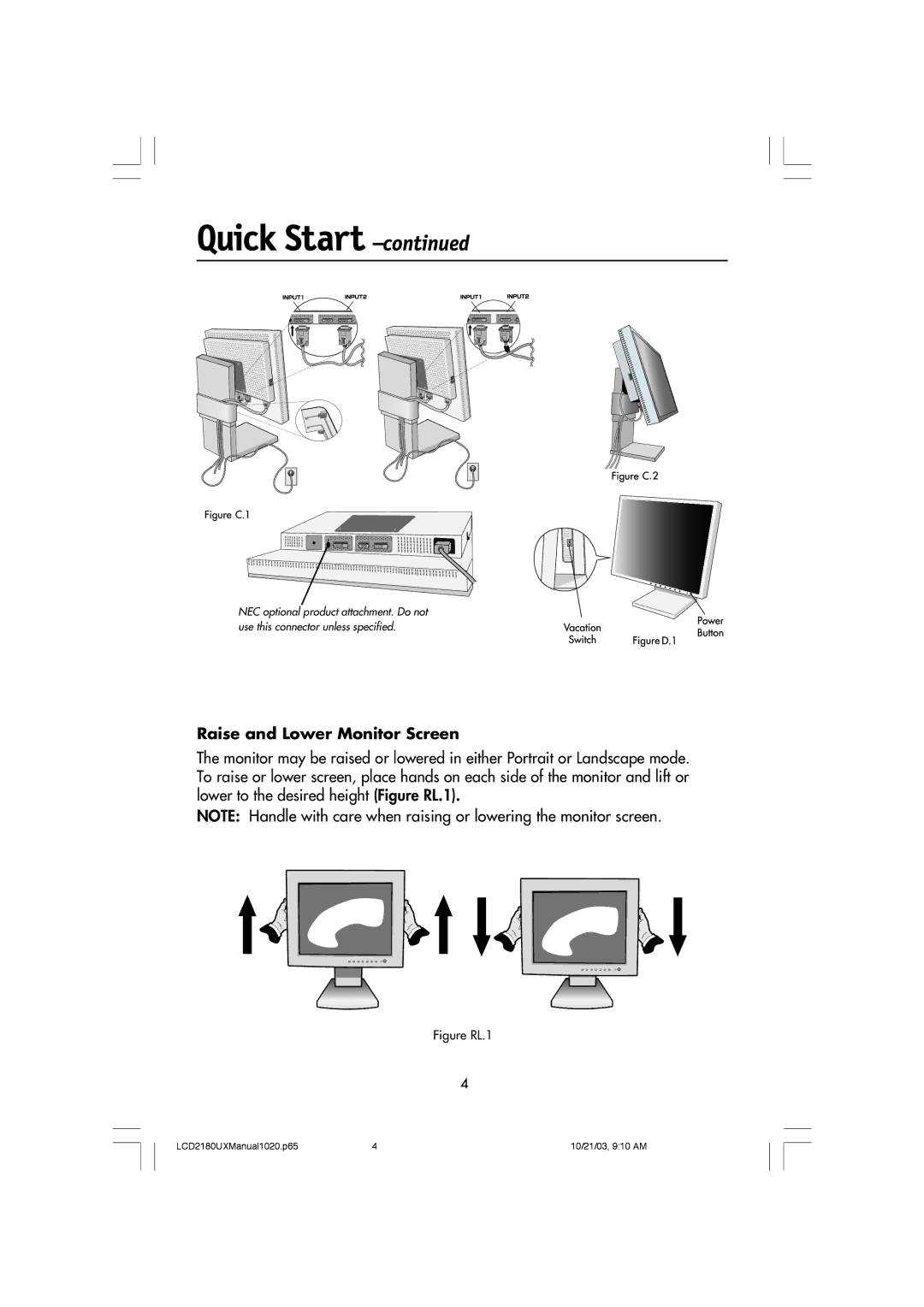 NEC LCD2180UX manual Raise and Lower Monitor Screen, Figure RL.1 