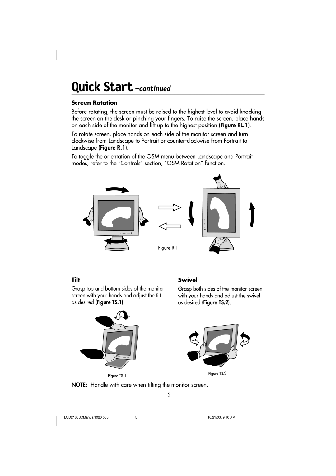 NEC LCD2180UX manual Screen Rotation, Tilt, Swivel 