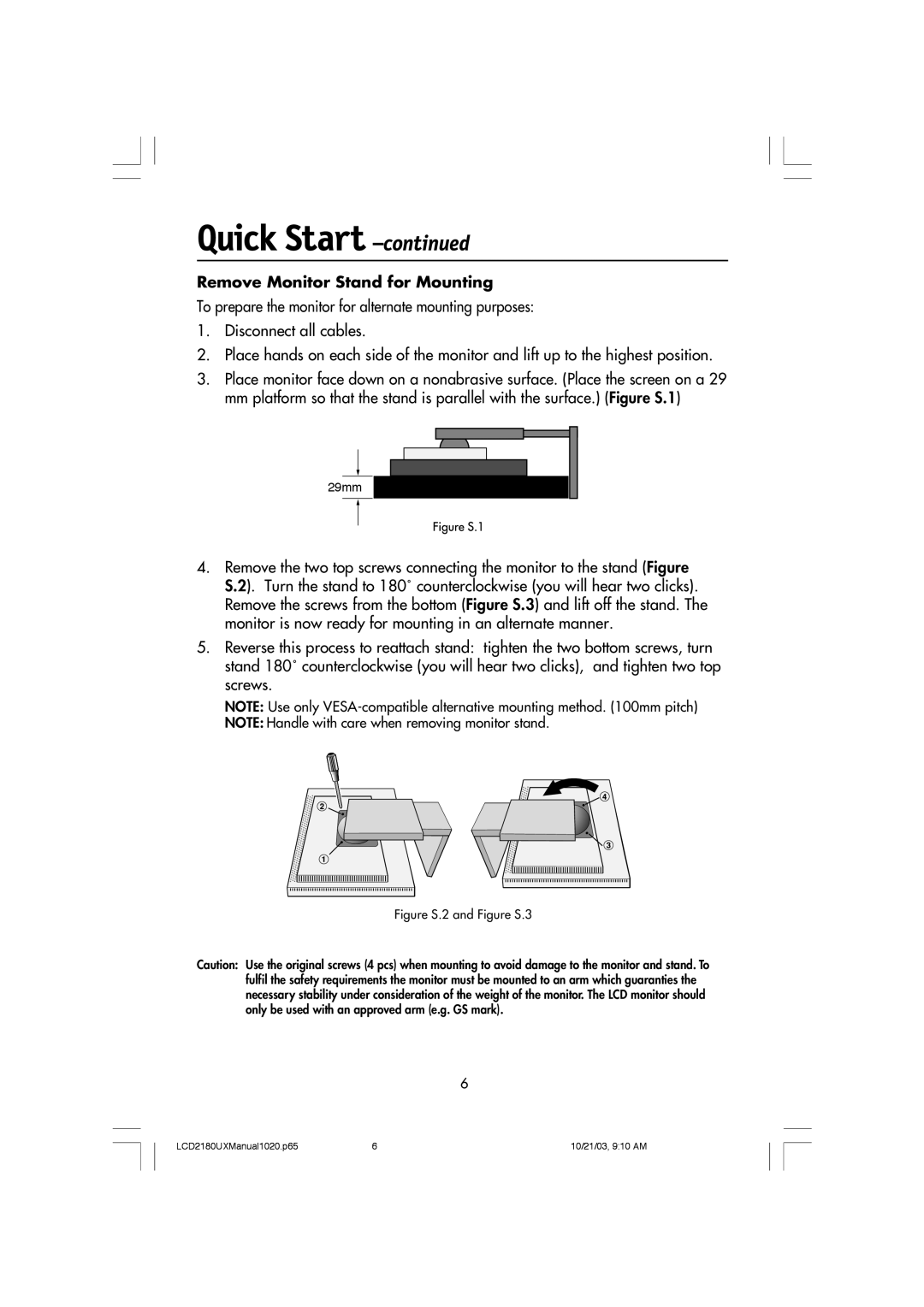 NEC LCD2180UX manual Remove Monitor Stand for Mounting, Figure S.2 and Figure S.3 