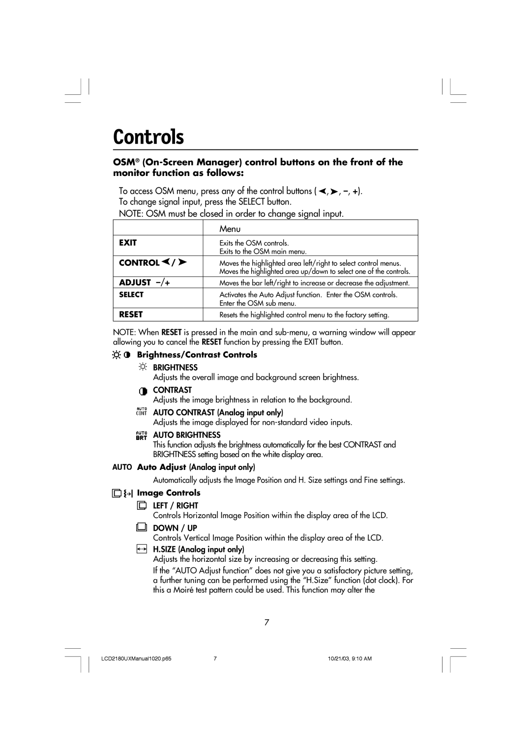 NEC LCD2180UX manual Controls 