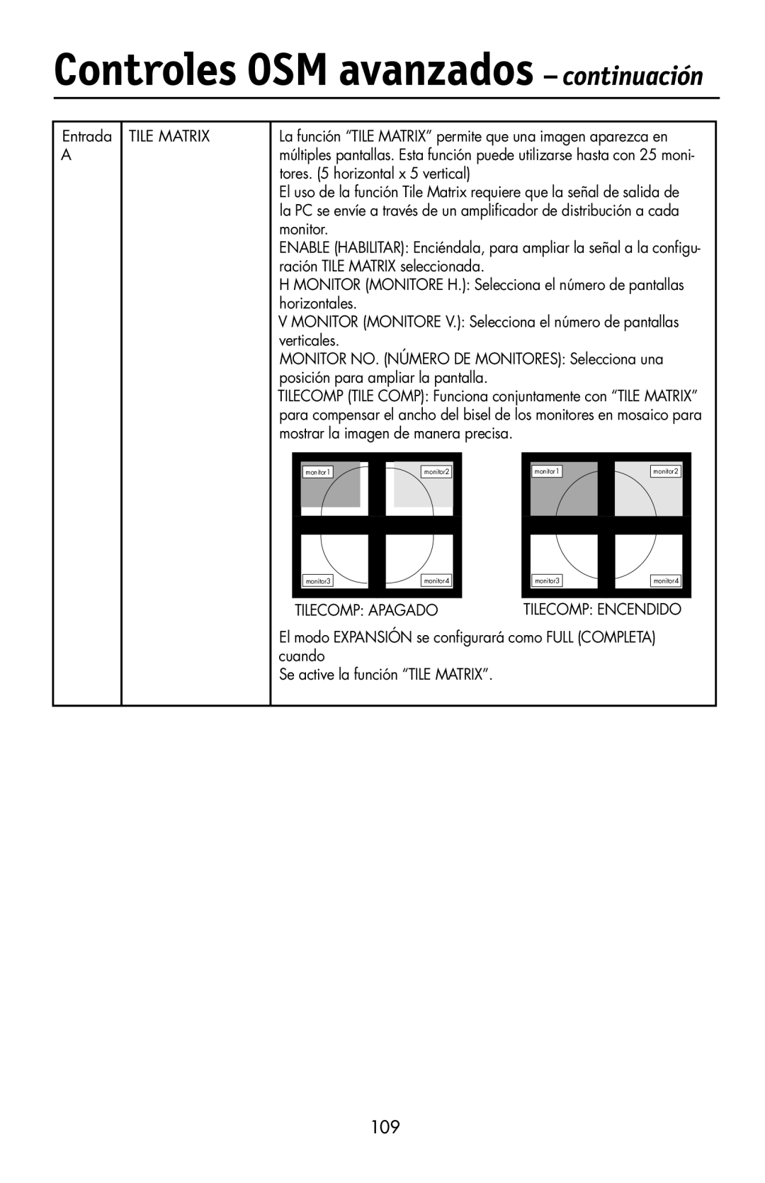 NEC LCD2190UXi user manual 109, Tilecomp Apagado, Tilecomp Encendido 