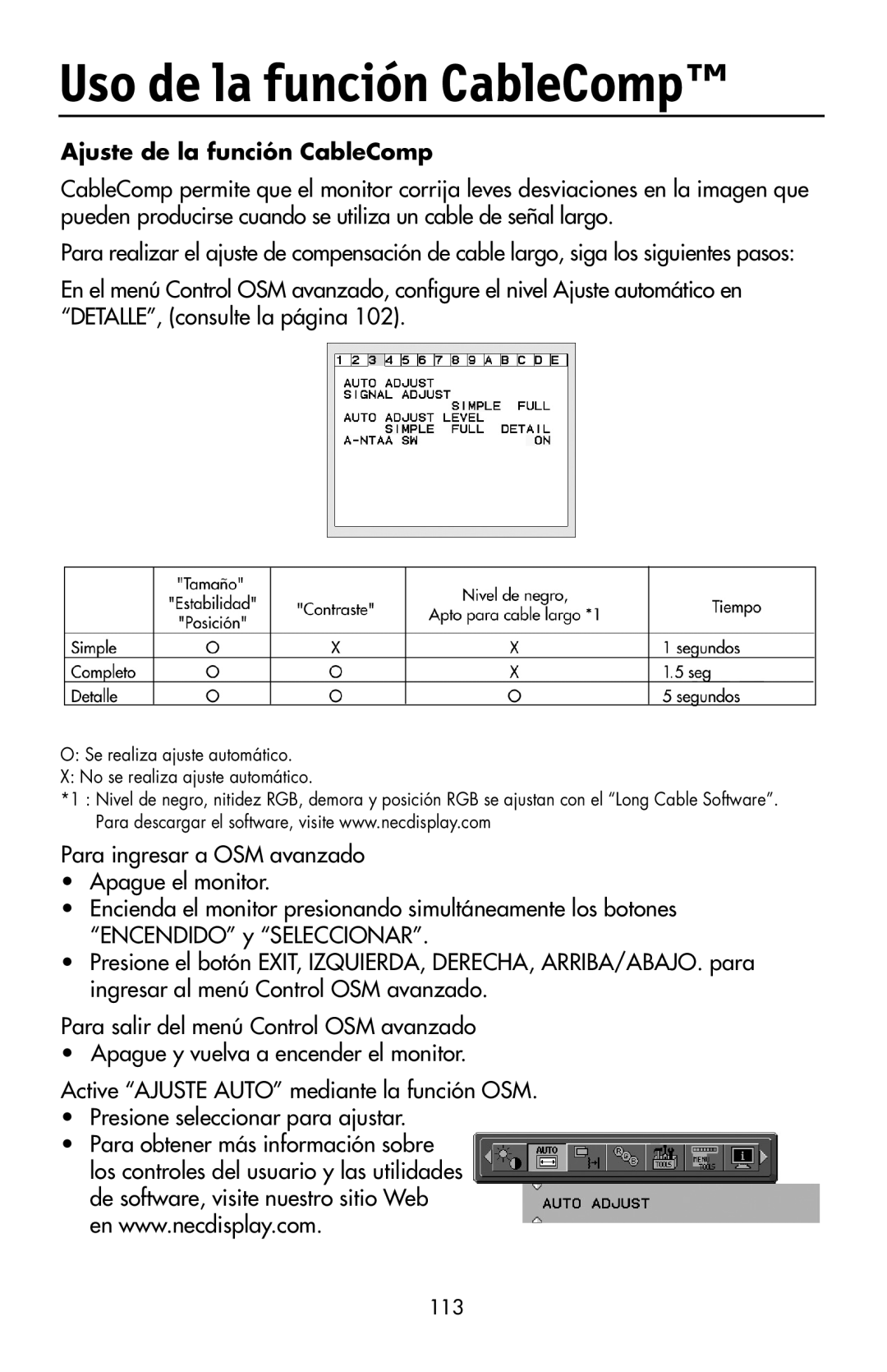 NEC LCD2190UXi user manual Uso de la función CableComp, Ajuste de la función CableComp, 113 