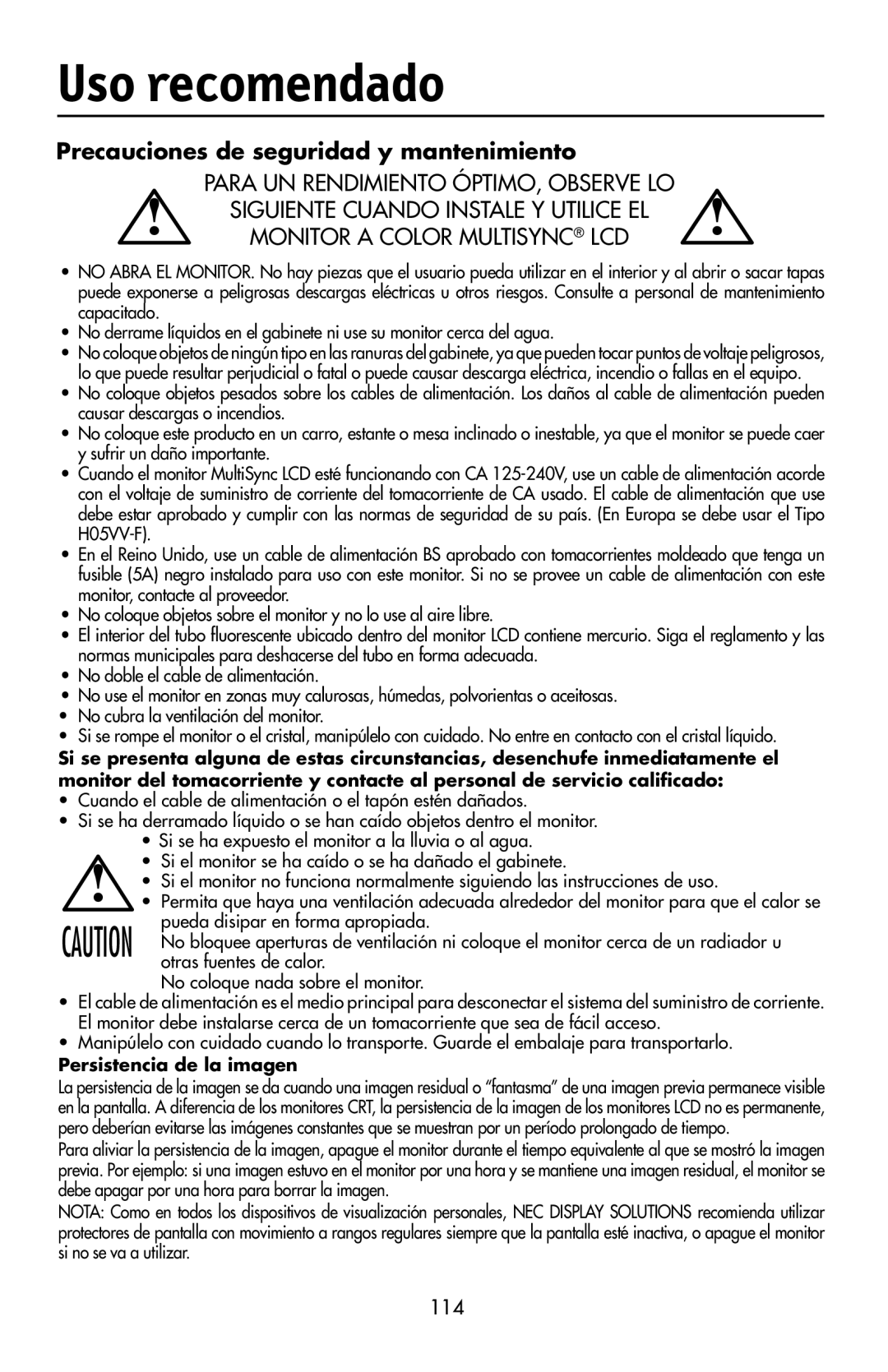 NEC LCD2190UXi user manual Uso recomendado, Precauciones de seguridad y mantenimiento, 114 