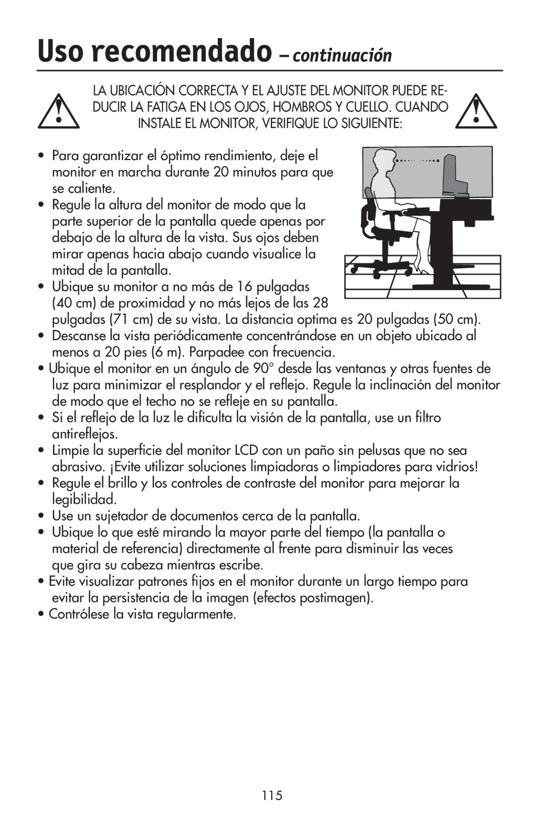 NEC LCD2190UXi user manual Uso recomendado continuación, 115 