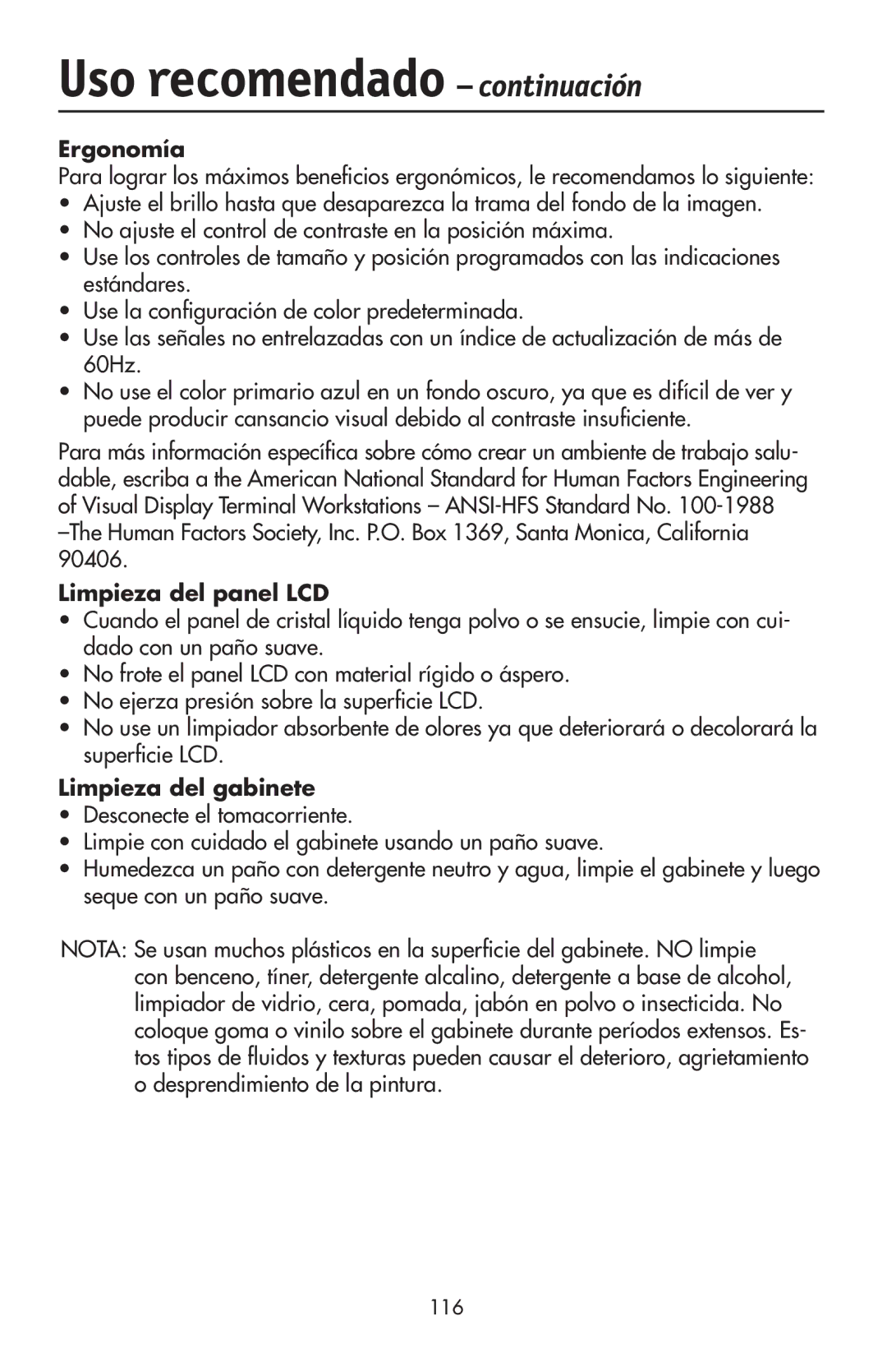 NEC LCD2190UXi user manual Ergonomía, Limpieza del panel LCD, Limpieza del gabinete, 116 