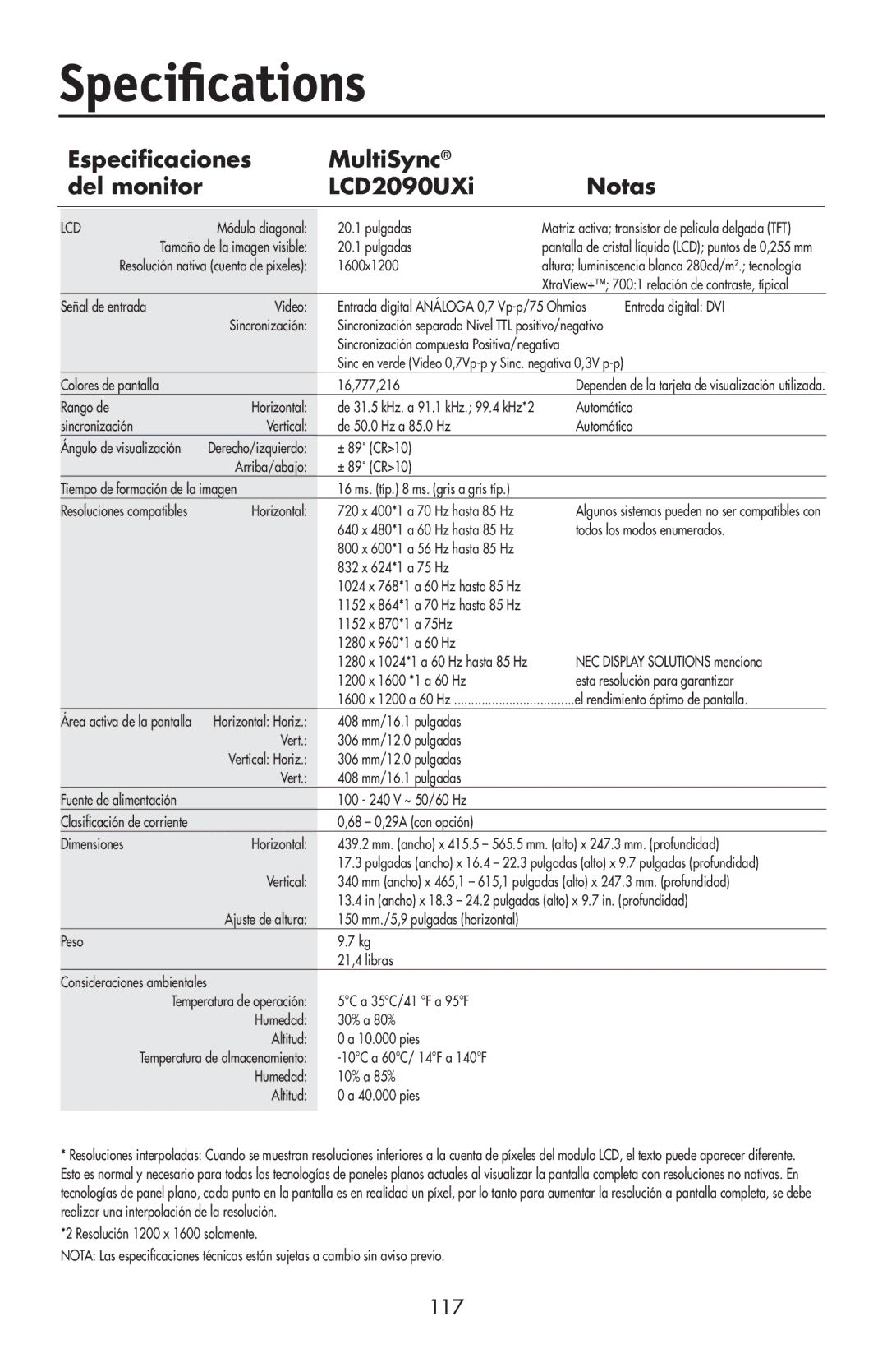 NEC LCD2190UXi user manual Especiﬁcaciones MultiSync Del monitor LCD2090UXi Notas, 117 