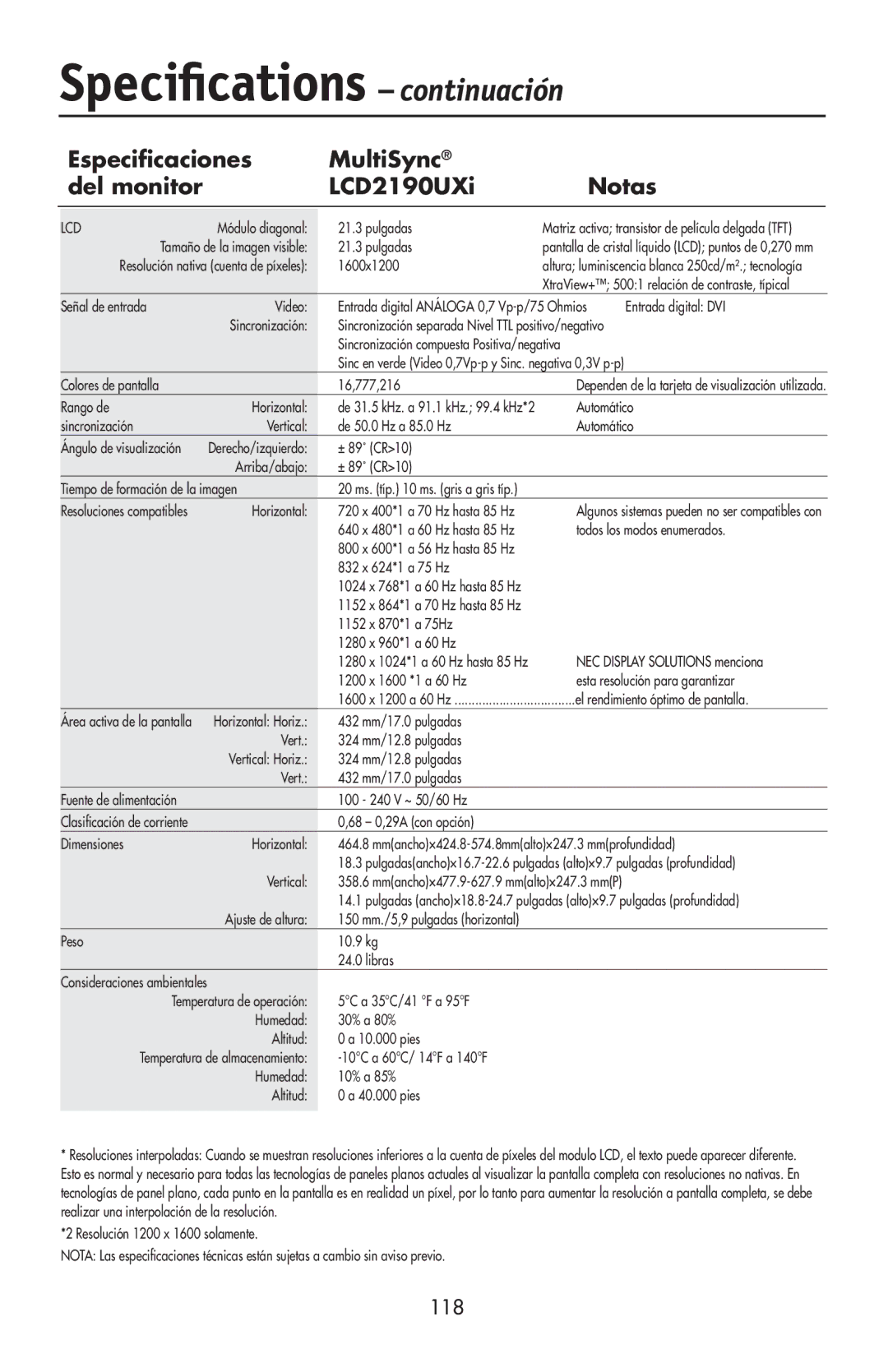 NEC user manual Speciﬁcations continuación, Especiﬁcaciones MultiSync Del monitor LCD2190UXi Notas, 118 